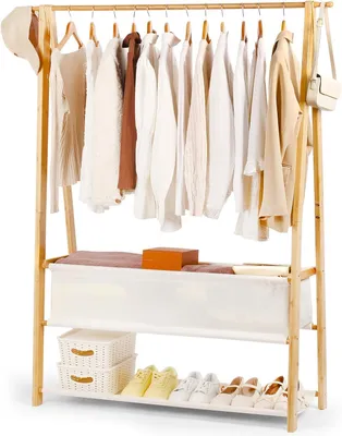 Produktbild von Kleiderständer 120 cm, Bambus, mit Aufbewahrungsbox und Ablage, für Schlafzimmer
