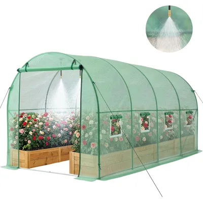 Produktbild von Gewächshaus - Folientunnel 4,48 x 1,97 x 1,97 m - Mit Bewässerungssystem - Stahlrahmen - PE-Abdeckung - Aufrollbare Reißverschlusstür - 8 Fenster - Für Außenbereich