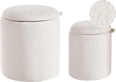 Produktbild von 2er-Set runde Poufs mit Stauraum in Cremeweiß, Bouclé-Stoff und Teddyfell-Optik Berea