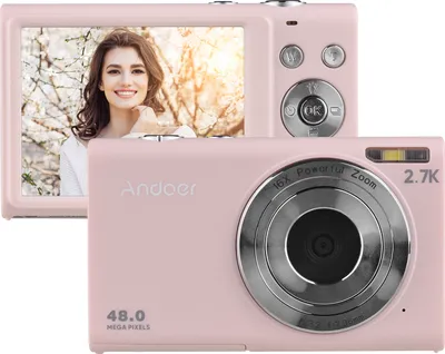 Zdjęcie produktu dla Aparat cyfrowy Andoer 2,7K, kompaktowa kamera wideo, 48 MP, autofokus, 2,88-calowy ekran IPS, 16-krotny zoom, ochrona przed drganiami, wykrywanie twarzy, wykrywanie uśmiechu, wbudowany akumulator, światło wypełniające LED z futerałem, pasek na nadgarstek dla dzieci i nastolatków