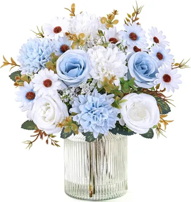 Produktbild von Kunstblumen Rosen und Margeriten, 2 Sträuße, blau-weiß, für Tischdekoration