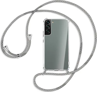 Produktbild von Handykette Backcover-Schutzhülle mit Band (Metall silberfarben) für Samsung Galaxy S22 Plus 5G (S906) - weiß/grau kariert