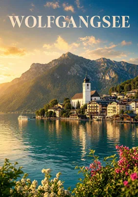 Immagine prodotto di Poster del Wolfgangsee, formato DIN A2 – immagine fotorealistica del lago, catturata durante l'ora dorata, stampata su carta Ilford con finitura opaca