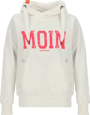 Produktbild von Salzhaut Damen Hoodie Sünn mit Moin-Print - Modischer Kapuzenpullover mit Kapuze mit Kordelband in Offwhite-Neon Pink Größe M