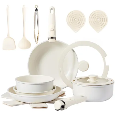 Produktbild von 19-teiliges Kochgeschirr-Set, bestehend aus einer 20/26 cm Bratpfanne, einem 26 cm Wok und einem 18/20 cm Stielkasserolle mit abnehmbaren Griffen
