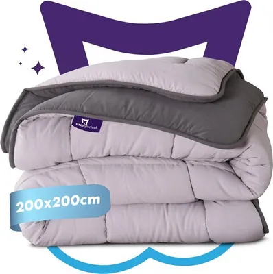A folded duvet is shown against a white background with a purple graphic overlay.
