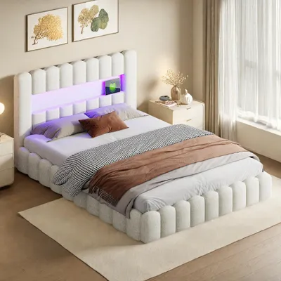 Produktbild von INONEFT Polsterbett 160x200,LED Kopfteil mit USB Ladefunktion,Doppelbett Bettgestell mit Bettkasten&Lattenrost,Beige Linen Stauraumbett,ohne Matratze