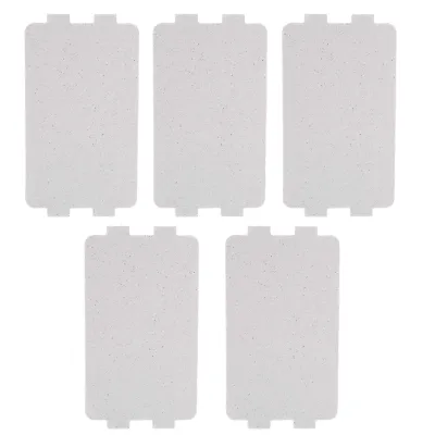 Five white rectangular mica sheets arranged in two rows on a white background.