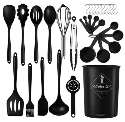 15-tlg. Silikon-Küchenhelfer-Set mit Edelstahlgriff, schwarz