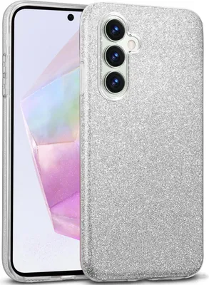 A silver glitter phone case is shown on a white background, with a smartphone inside it.