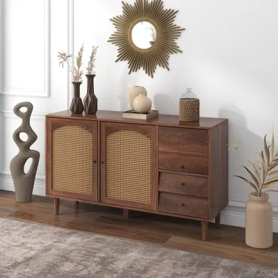 Produktbild von OPULHAUS Sideboard Kommode Mit Rattan Einsatz 130*75.5*40 cm mit 3 Türen und 2 unregelmäßigen Schubladen Esszimmer Anrichte Sideboard Küchenschrank