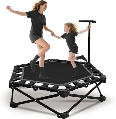 Obrázok produktu pre Fitness trampolína pre vnútorné použitie, priemer 106 cm, skladacia, s nastaviteľnou rukoväťou, stabilná a tichá, vhodná pre deti aj dospelých, s nosnosťou až 600 kg (statická záťaž)