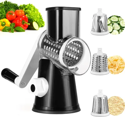 Produktbild von Käsereibe mit Kurbel, Gemüseschneider, Gemüsehobel mit 3 Edelstahl Austauschbaren Trommelklingen, BPA-Frei, Ideal für Gurken, Käse&Nüsse, Karotten usw