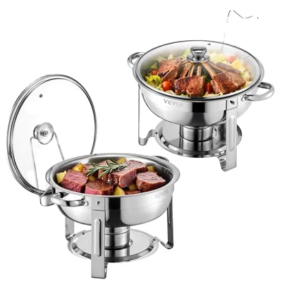 Produktbild von VEVOR Warmhalteteller Buffet Set, 5 Qt 2er Pack, Edelstahl Chafing Dish mit 2 Vollformat-Pfannen, runder Catering-Wärmer mit Glasdeckel, Wasserpfanne, klappbarer Ständer, Brennstoffhalter, für Hochzeitsfeiern, Bankett, Silber, Silber-2-teilig
