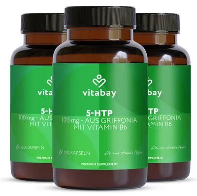Produktbild von Vitabay 5-HTP 100 mg hochdosiert – Griffonia Simplicifolia Samenextrakt mit Vitamin B6 – 360 vegane Kapseln – 3er-Pack