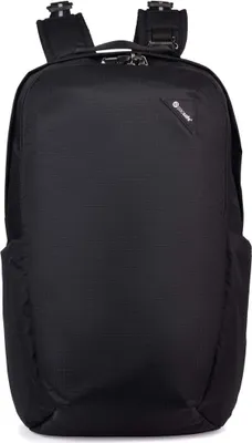 A black backpack is shown from the front against a white background.