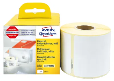 Produktbild von Avery Zweckform AS0722440, Rollen-Etiketten, 54 x 70 mm, 320 Etiketten / 1 Rolle, weiß