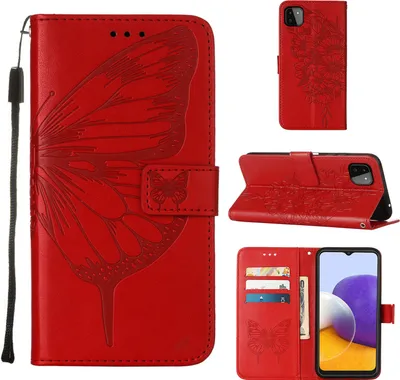 Image de Galaxy A22 5G Housse, papillon en relief Flip cuir porte-cartes Housse en cuir avec support pour Samsung Galaxy A22 5G Rouge