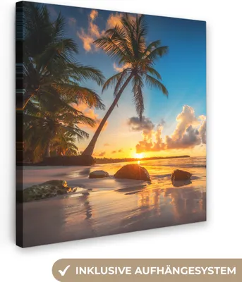 Produktbild von MuchoWow® - Leinwandbilder - Strand - Meer - Palme - Sonnenuntergang, Wandbild, Wanddeko Bilder Wohnzimmer, 90x90 cm