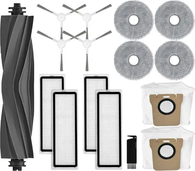 A collection of robot vacuum cleaner replacement parts laid out on a white background.