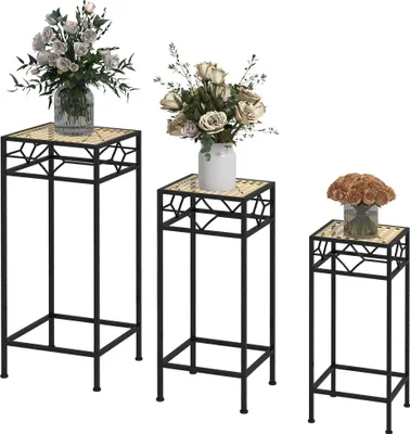 Produktbild von Blumenständer, 3er-Set, rund, stapelbar, Rattanoptik, Metallbeine, In- und Outdoor, Schwarz/Gold