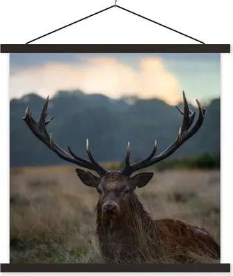 Produktbild von MuchoWow® Textilposter Hirsch - Wiese - Geweih 90x90 cm mit schwarzem Rahmen - Magnetisches