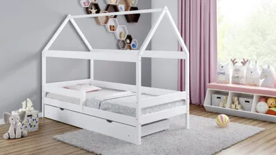 Produktbild von Hüttenbett, Holzeinzelbett aus Kiefernholz Domek Plus, 90 x 180 cm, Höhe 182 cm, Meble Wróbel, Weiß