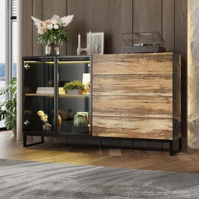 Immagine prodotto di Vetrina con illuminazione a LED, mobile contenitore, cassettiera, dimensioni 160x41x95 cm, colore nero lucido, aspetto legno, sistema di apertura a pressione, porta USB, struttura in metallo
