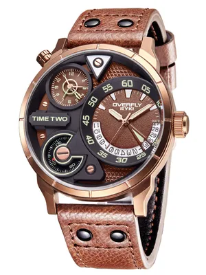 Produktbild von Alienwork Herren-Armbanduhr Quarz bronze mit Lederarmband braun Kalender Datum Multi Zeitzonen XL †ber-gro§e