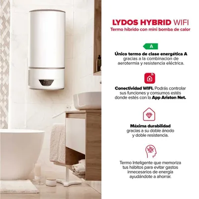 Zdjęcie produktu dla Ariston LYDOS HYBRID WI-FI 100, Hybrydowy (zbiornik i bezzbiornik), Poziomy/Pionowy, 1200 W, 100 l, Bojler typu combi, Wewnętrzna