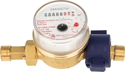 Produktbild von Einstrahlzähler ETK Kombi-Set (Warmwasser) bis 90 Grad Länge 80 mm, inkl. Verschraubungen 3/4 Zoll x 1/2 Zoll AG, Plombierschelle