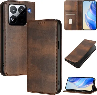 Image de Etui pour Xiaomi 15 Pro, étui en cuir vintage avec protection RFID, fentes pour cartes, support Marron