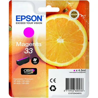 Obrázok produktu pre Epson Oranges Jednofarebný atrament Claria Premium 33 pomaranče Magenta, Štandardná výťažnosť, Purpurová, Atrament na pigmentovej báze, 4,5 ml, 1 kusov, 300 strany