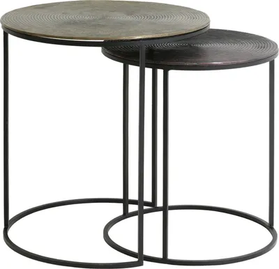Two nesting side tables with round, textured tops and black metal frames, presented against a white background.