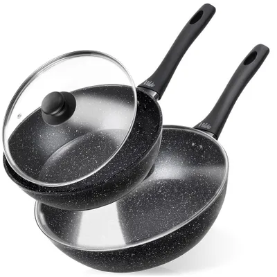 Obrázok produktu pre Vilde | Panvice na vyprážanie sada 2 ks - so sklenenou pokrievkou - Ø 24/28 cm - Nepriľnavý povrch - GRANITICA