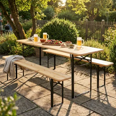 Immagine prodotto di Milani Home - set birreria tavolo e panche, legno, tavolo e 2 panche tre gambe, 8 posti, marrone e verde, piano 220 x 70 cm