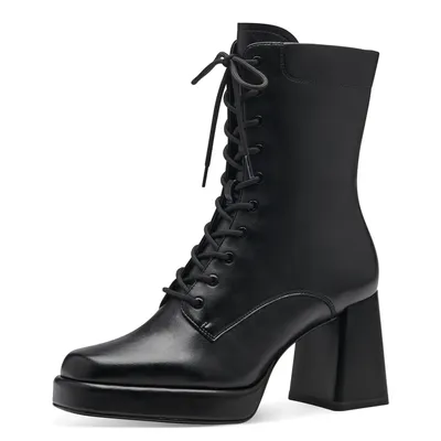 A black lace-up boot with a block heel and platform sole, shown against a white background.