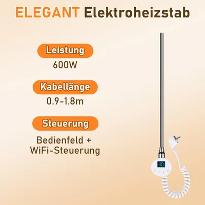Productafbeelding van Ikodm verwarmingselement voor badradiator, 600W, slimme WiFi-bediening, G1/2-aansluiting, thermostaat 5-70°C, 24-uurs timer, wit
