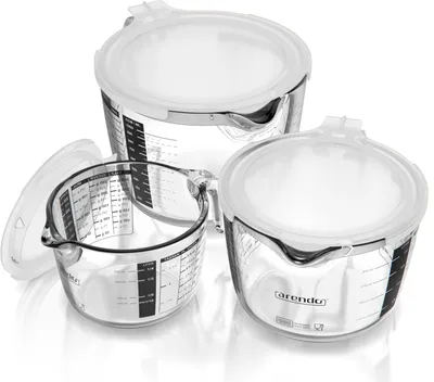 Produktbild von Arendo Messbecher 250 ml, 500 ml & 1000 ml Glas Messkrug Set mit Deckel, Borosilikatglas, Glas, (Set, 3-St), hitzebeständig, präzise Skala, Mikrowellen geeignet, Rührbecher