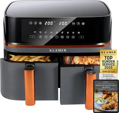 Produktbild von KLAMER Heißluftfritteuse Duo 9 L – Doppelkammer Airfryer mit 2 Körben & Digitaldisplay, 10 Automatikprogramme, Dual-Funktion, Timer, 3000 W Heißluft-Zirkulation, spülmaschinengeeignet