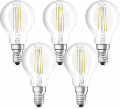 Produktbild von Osram LED Leuchtmittel 5er Pack Tropfenform P40, E14, 4W, warmweiß, klar
