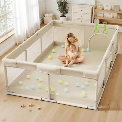 Productafbeelding van Grote babyren – 120 x 180 cm, geschikt voor 2 kinderen, met verstevigd stalen frame, antislipzuignappen, beklede handgreep en 2 speelringen