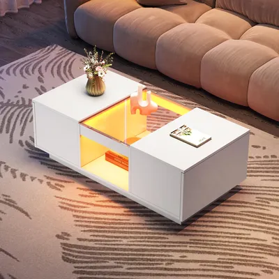Image de Sweiko Table basse blanche 100x50x35,5 cm - avec revêtement en verre, éclairage LED, contrôle par application, 2 tiroirs et 1 compartiment ouvert