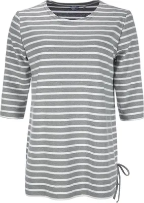 Produktbild von modAS Damen Long-Shirt 1/2-Arm Maritim mit Streifen - Rundhalsshirt mit modischer Schnürung in Graumelange-Weiß Größe 44