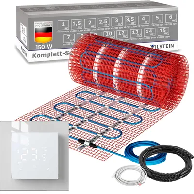 Produktbild von VILSTEIN® Elektrische Fußbodenheizung [150W/m²] - Bodenheizung Elektrisch geeignet für Laminat, Fliesen & mehr - Elektro Fussbodenheizung - Elektrische Heizmatte Fußboden - Thermostat weiß (18x0.5m - 9qm)