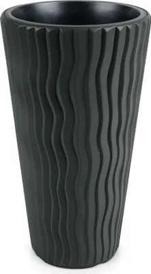 A tall, dark grey planter with a textured, wavy surface.