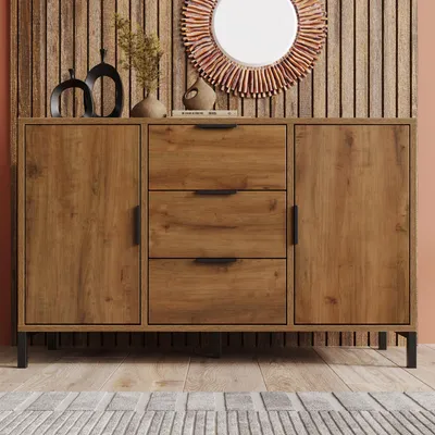 Immagine prodotto di MODFU Cassettiera 120 x 40 x 76 cm, mobile contenitore, tavolo da conferenza con 6 cassetti, mobile decorativo per camere da letto e soggiorni, rovere scuro