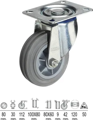 Image de Plaque de roue industrielle en caoutchouc gris, 80 mm