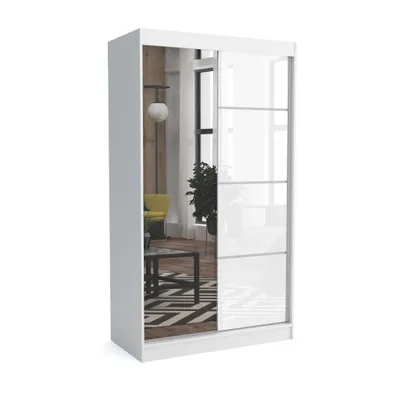 A white wardrobe with mirrored doors, shown in a studio setting against a white background.