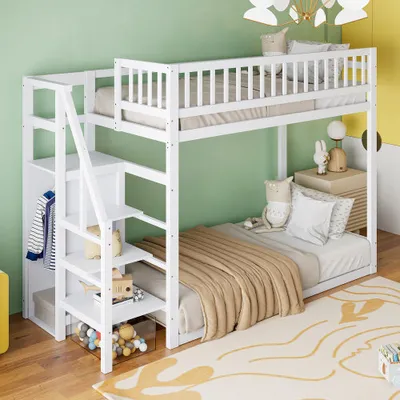 Productafbeelding van AIORBER Etagebed, 90x200 cm, bed met spijlen, trap met opbergruimte, geïntegreerde garderobe, gemaakt van beuken en MDF, geschikt voor kinderkamers en logeerkamers, kleur: wit